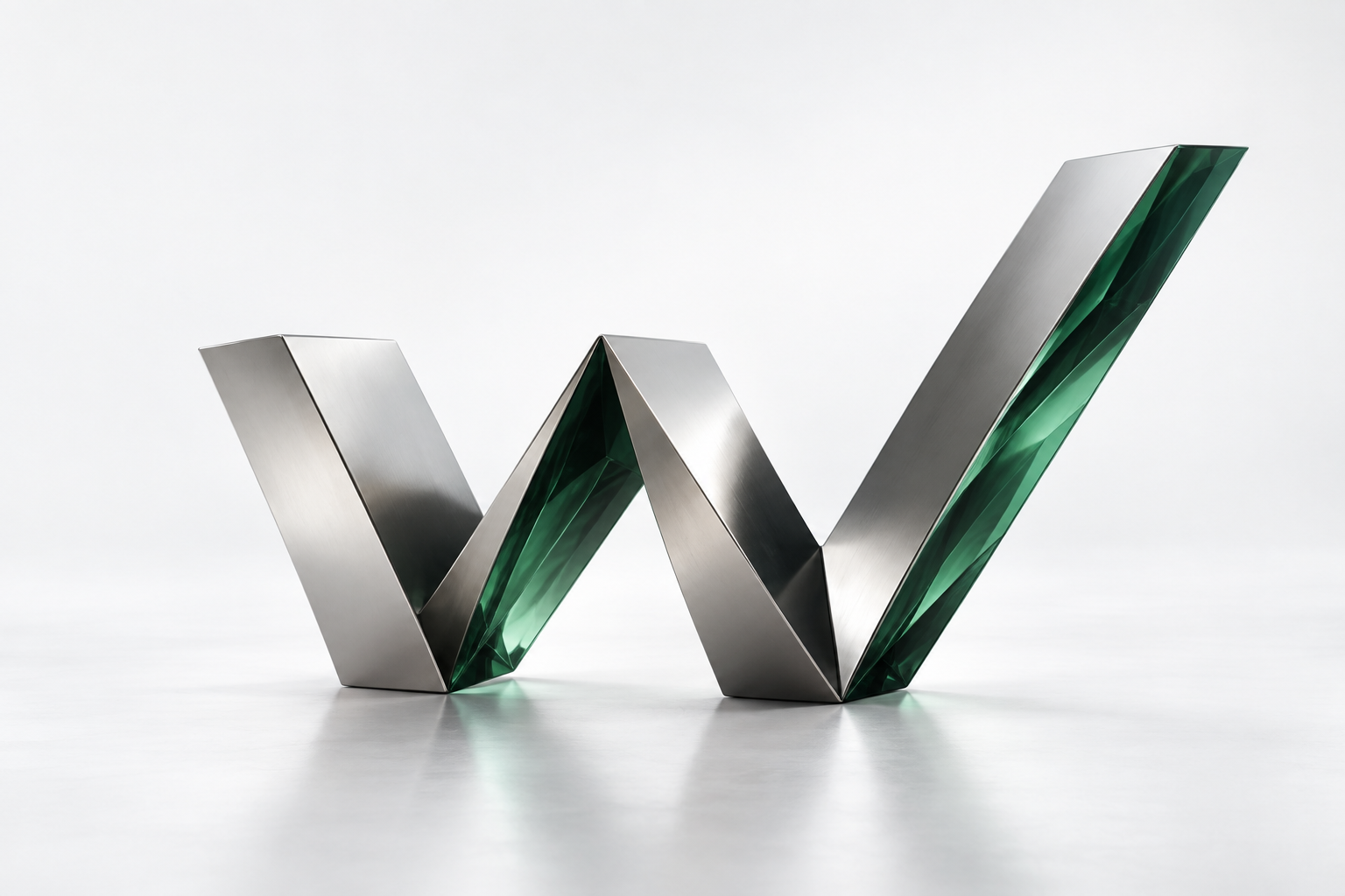 A sculptural W formed from polished titanium and emerald glass