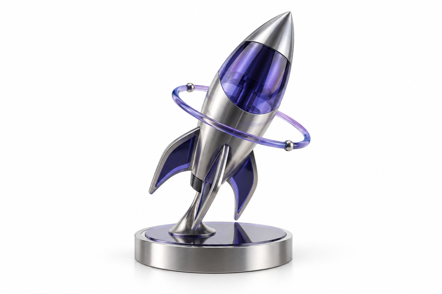 A titanium and violet glass rocket sculpture with a floating ring, illustrating coordinated business growth and automation