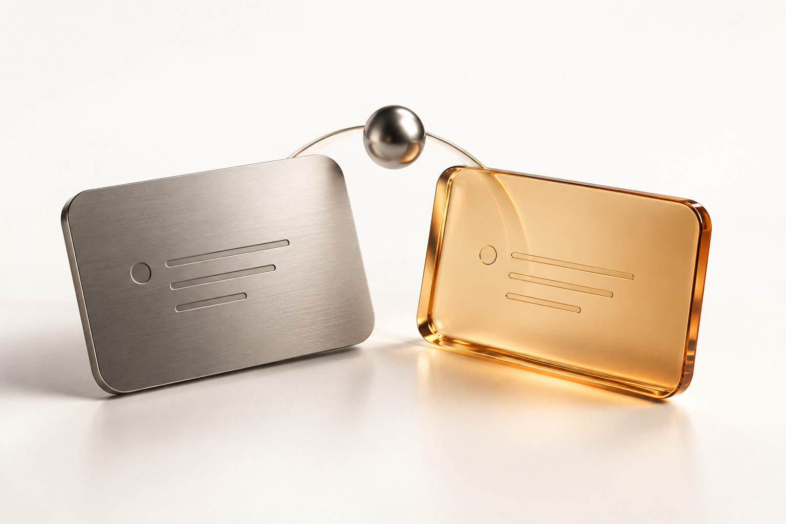 Titanium and amber glass business cards with a connected metallic sphere, illustrating digital contact exchange
