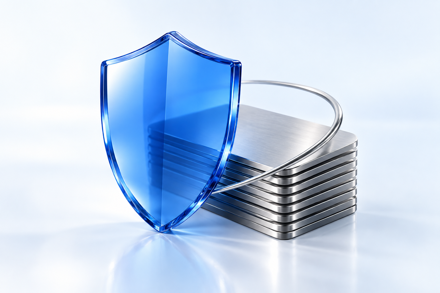 A cobalt glass shield protecting a stack of titanium cards, illustrating borrower control and connected financing