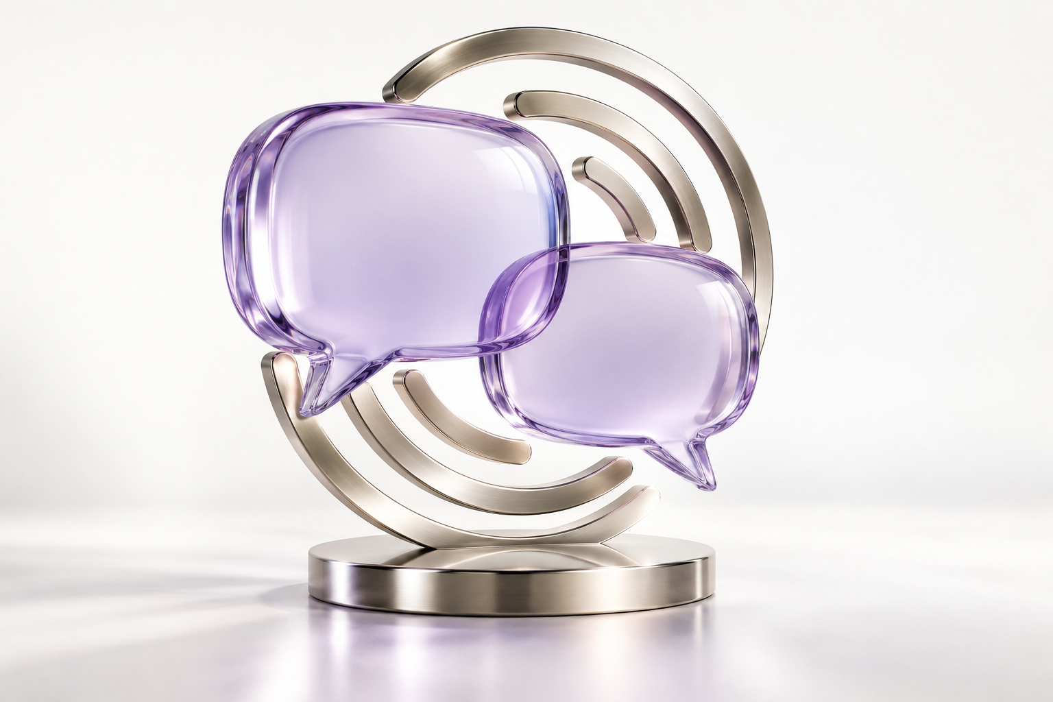 Lavender glass speech bubbles and a polished broadcast motif, illustrating coordinated social communication