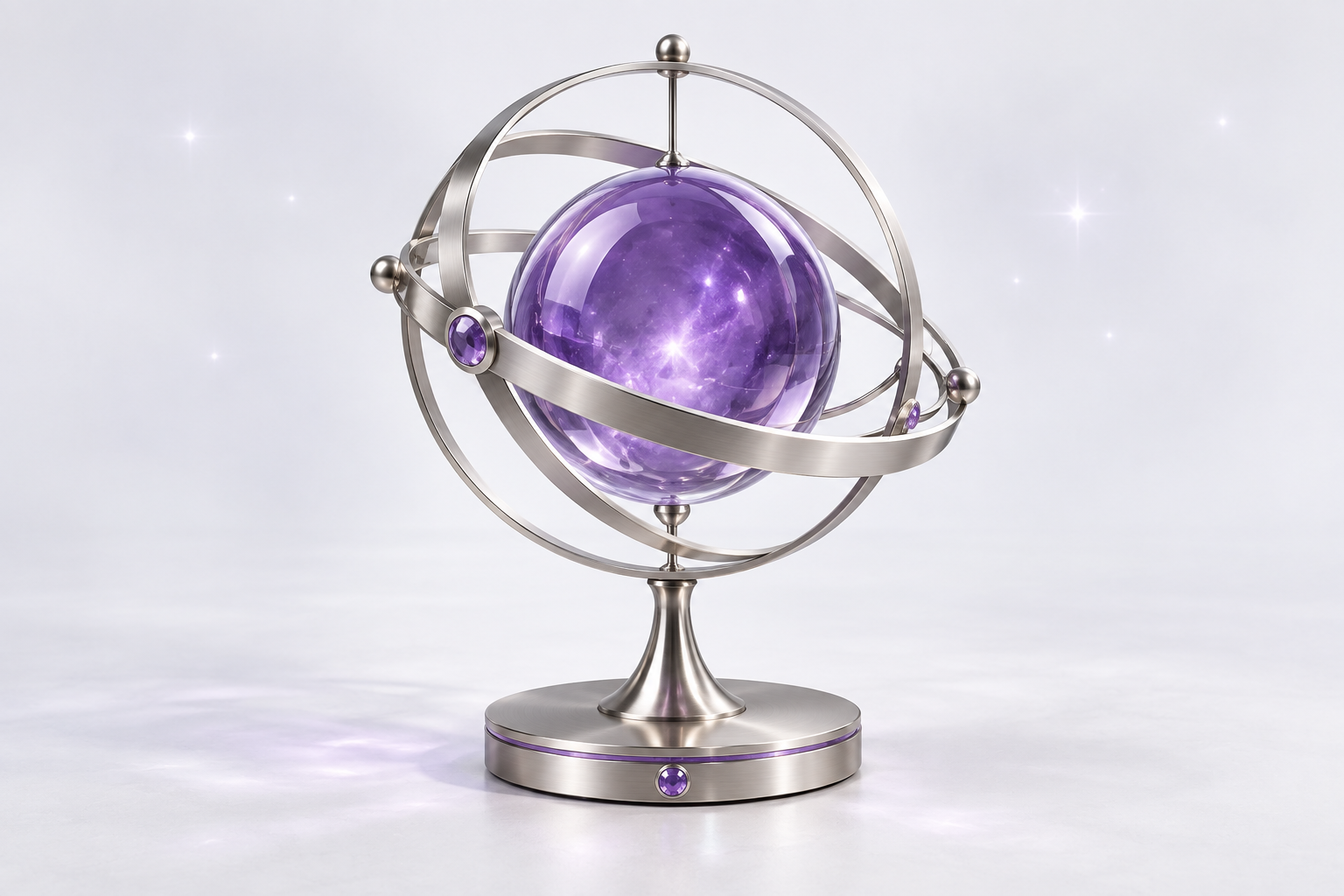 A violet glass sphere inside polished titanium orbital rings, illustrating curiosity and cosmic perspective