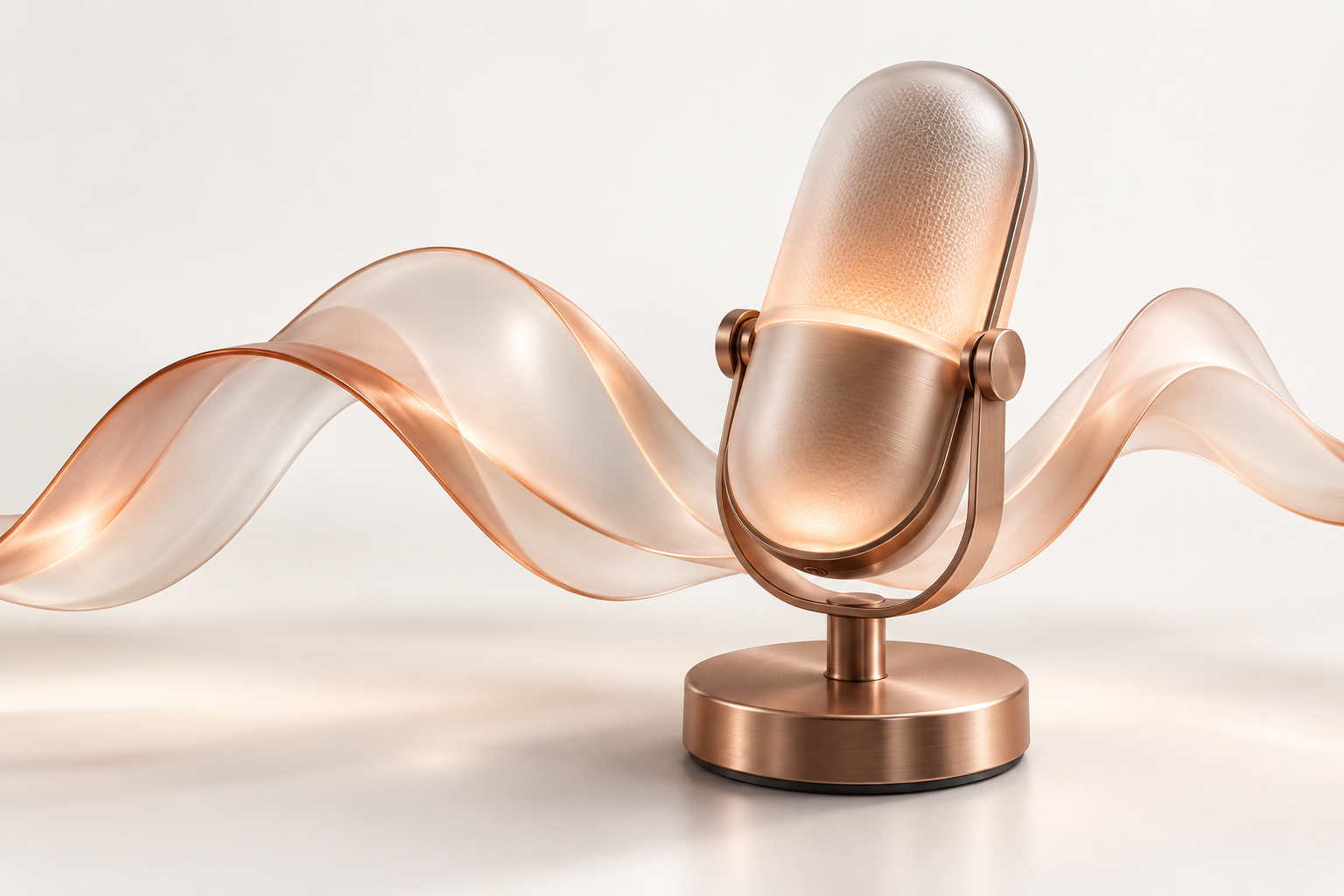Copper and frosted-glass microphone with a flowing sound-wave form, illustrating conversational assistance