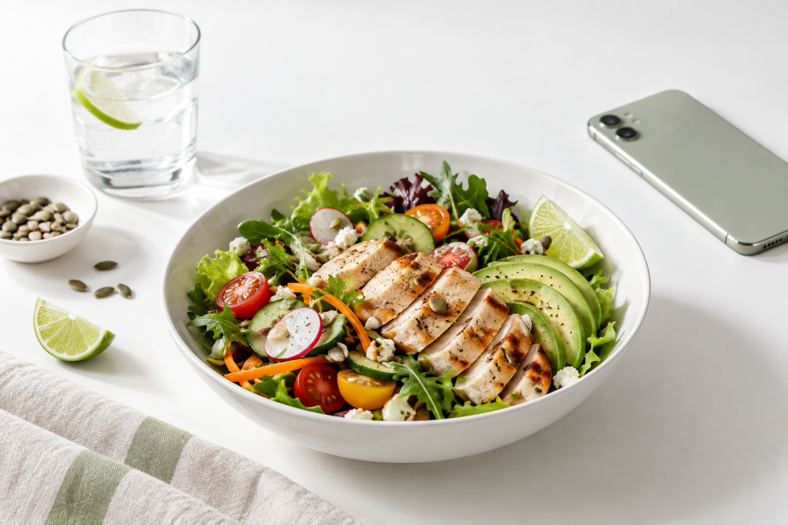 A colorful balanced meal, water glass, and smartphone in a bright setting, illustrating everyday nutrition tracking