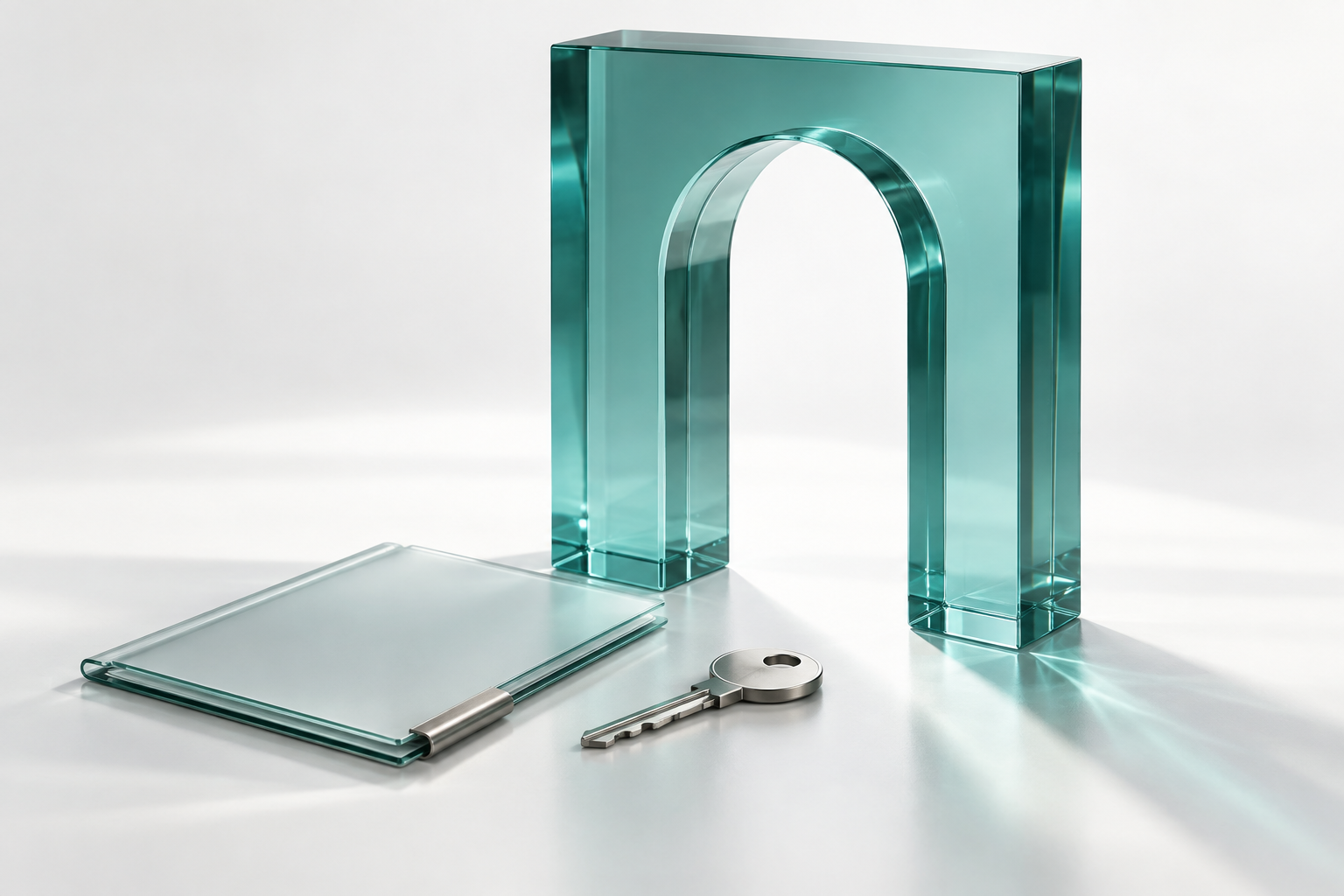 Teal glass architectural doorway with a titanium key and document folio, illustrating title and escrow workflows