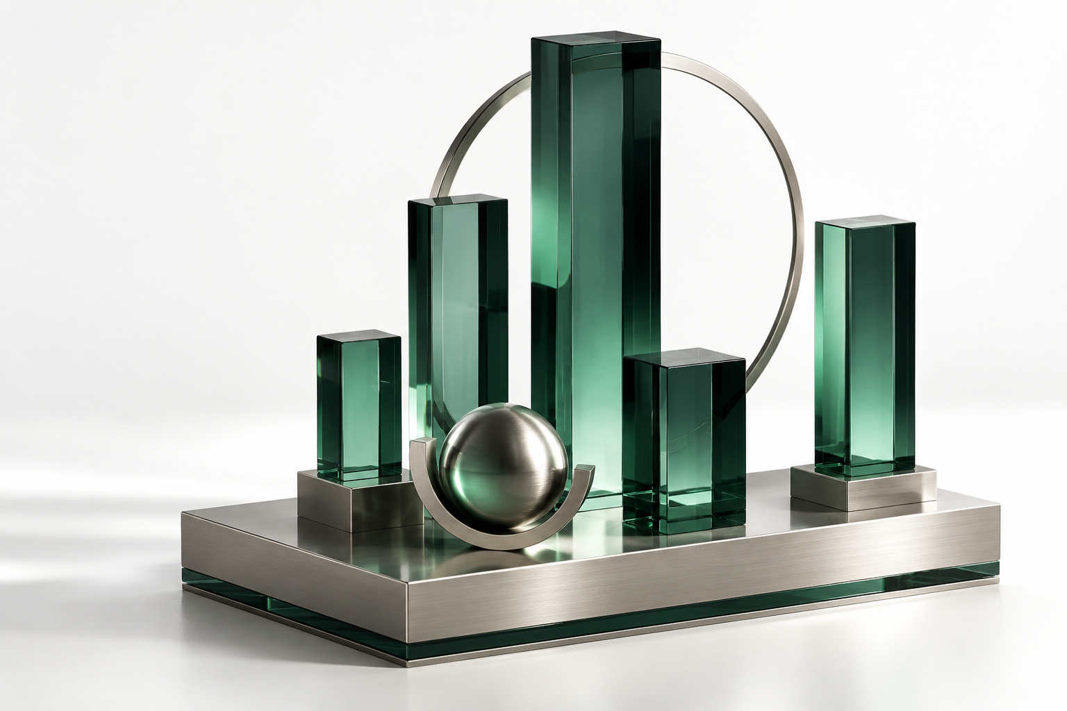 Emerald glass and titanium precision forms, illustrating market research and risk control