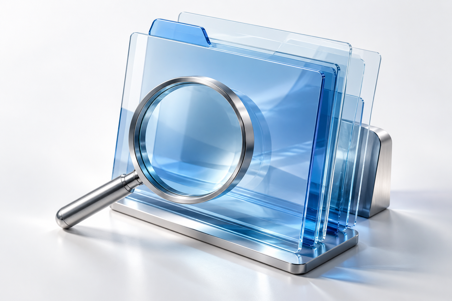 Blue glass document panels and a titanium magnifying ring, illustrating evidence-based application review