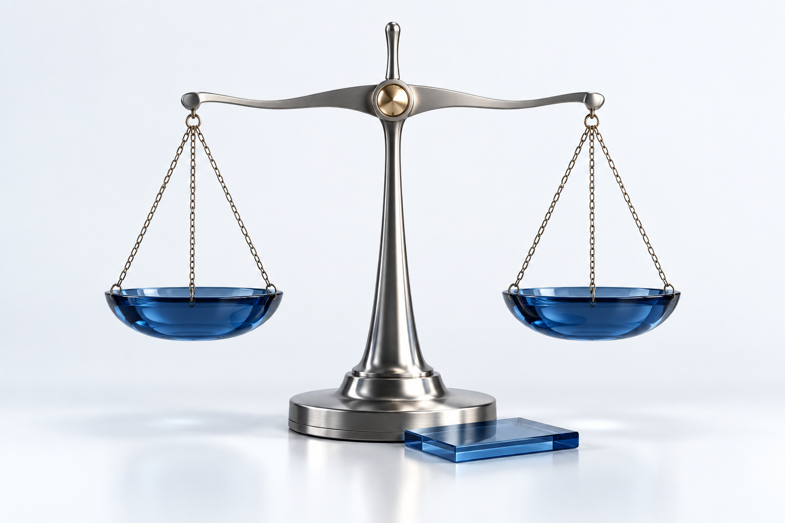 Balanced titanium scales with deep blue glass pans and a glass document slab, illustrating clarity in legal practice operations