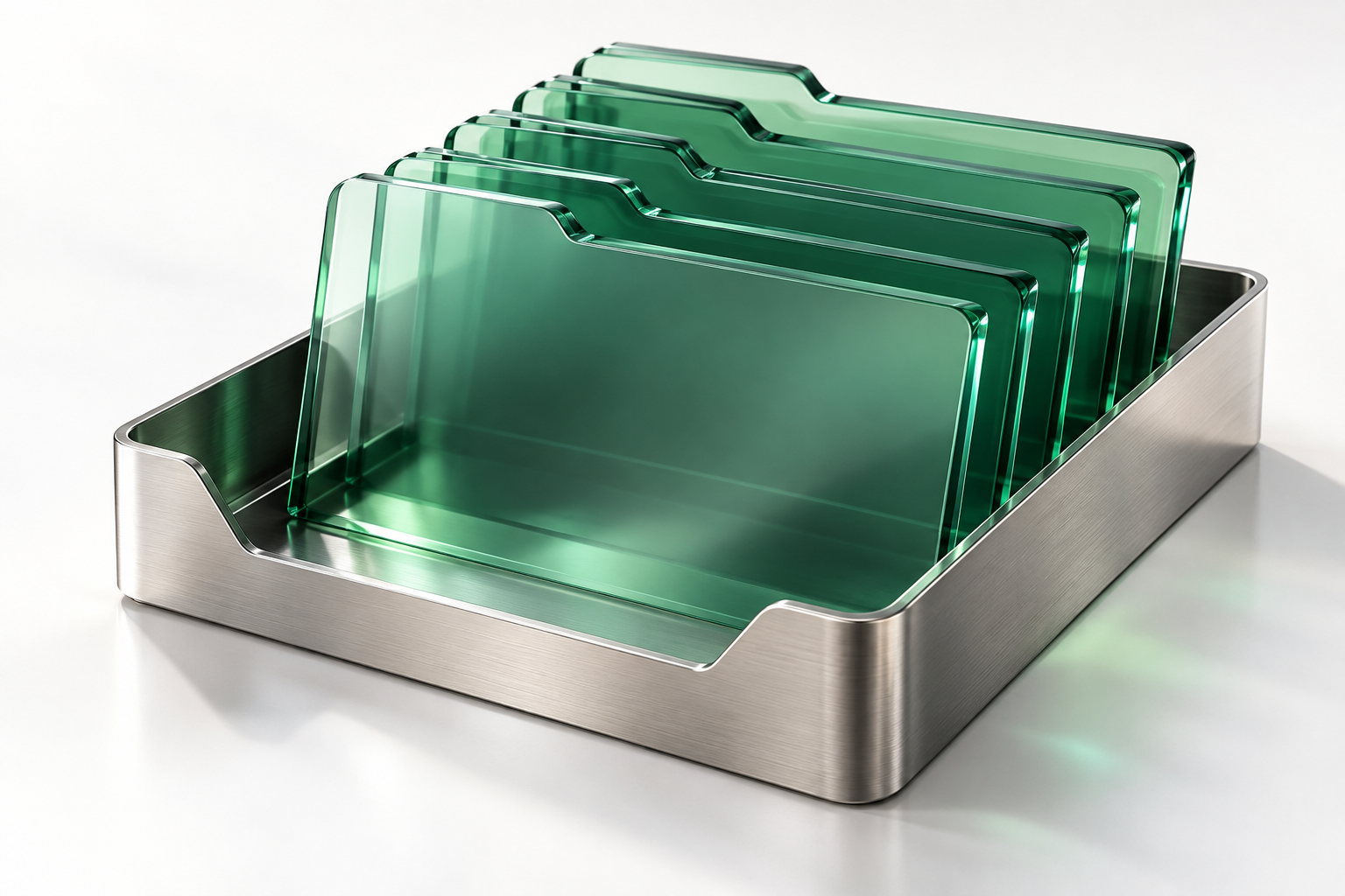 Emerald glass document folios arranged in a titanium tray, illustrating organized financial information